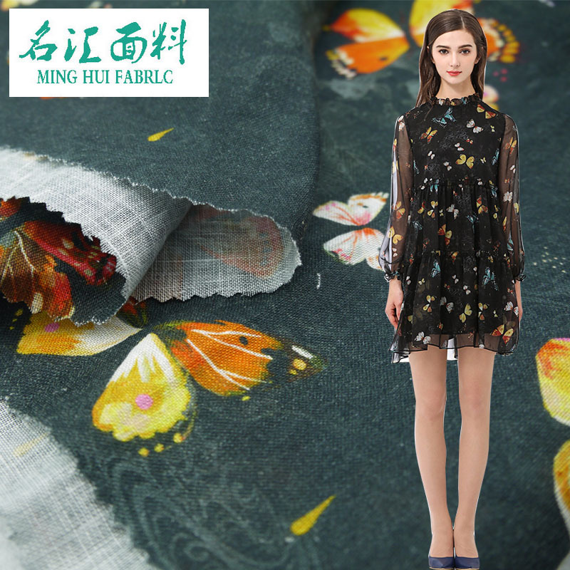 纯亚麻麻数码印花纯苎麻面料小碎花薄面料高端连衣裙服装布料
