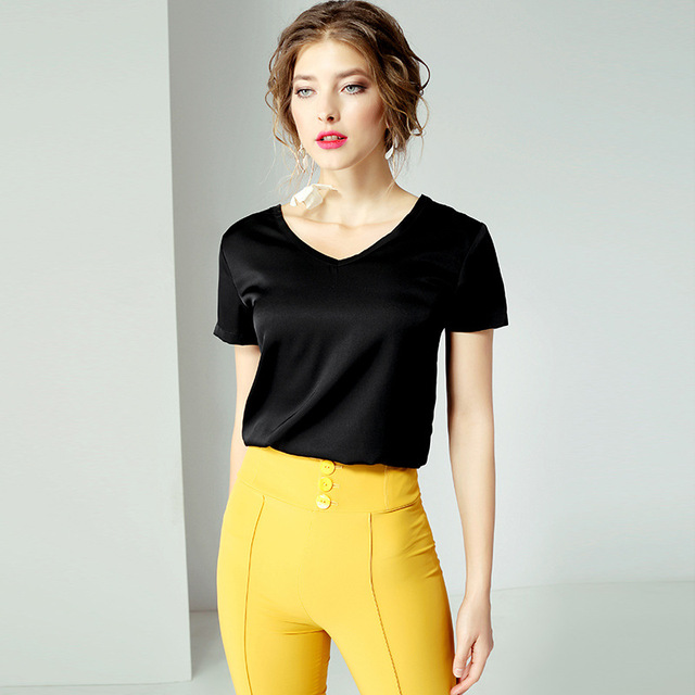 European and American women’s solid color silk top short sleeve slim fit all over mulberry silk t-shirt female