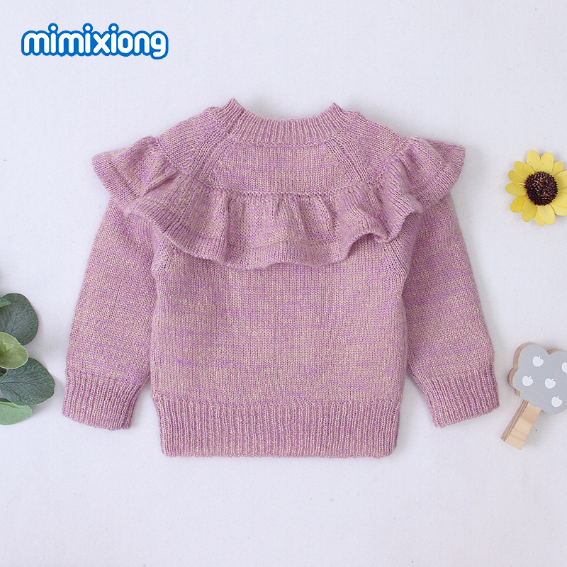 ins热卖款女童长袖针织荷叶边毛衣纯色