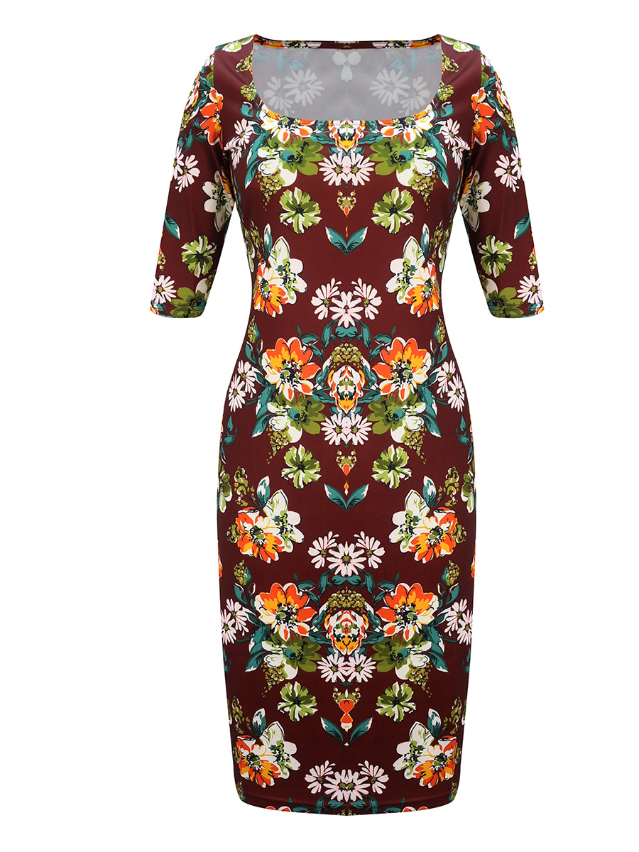 Round Neck Printed Bouquet Waist Slim Dress NSAL14189