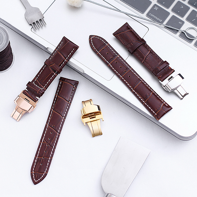 Factory direct supply head layer real cow leather strap men and women automatic butterfly buckle watch strap mechanical strap wholesale