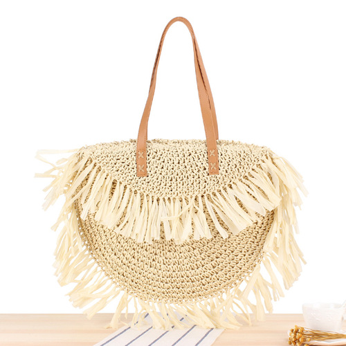 Semicircular tassel single shoulder straw woven bag tassel paper woven beach bag women bag