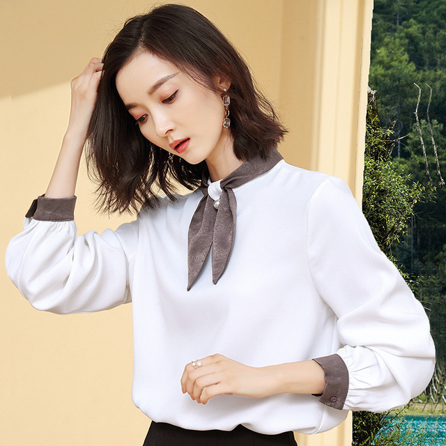 Autumn color contrast bow long sleeve women’s Korean version loose and thin chiffon shirt