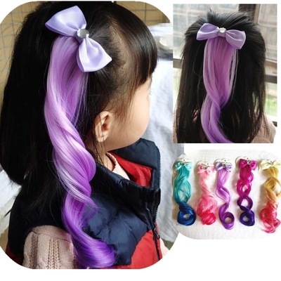 3pcs baby kids stage performance cosplay hair wig  ponytail hair latin jazz dance braid bowknot curly hair hairpin girls perform wig for children