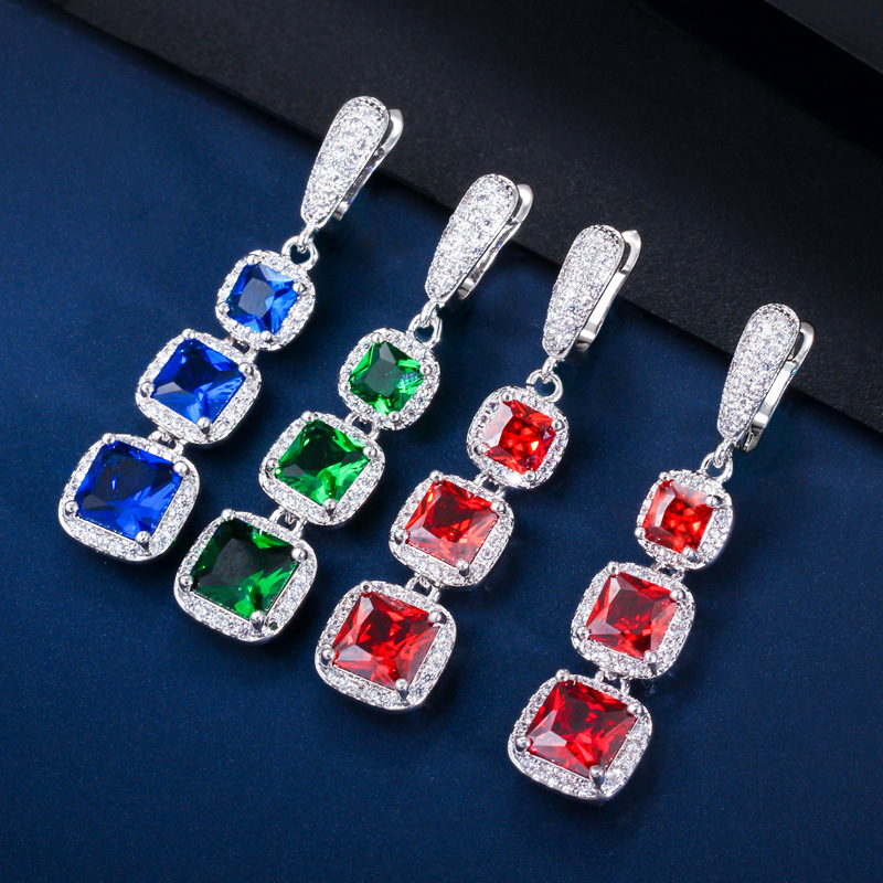 Shiny square fashionable long earrings with zircon