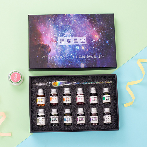 Crystal Glass Pen Water Pen Gift Box Gold Powder Color Ink Signature Pen Set Drawing Test Color Pen Gift Glass Pen
