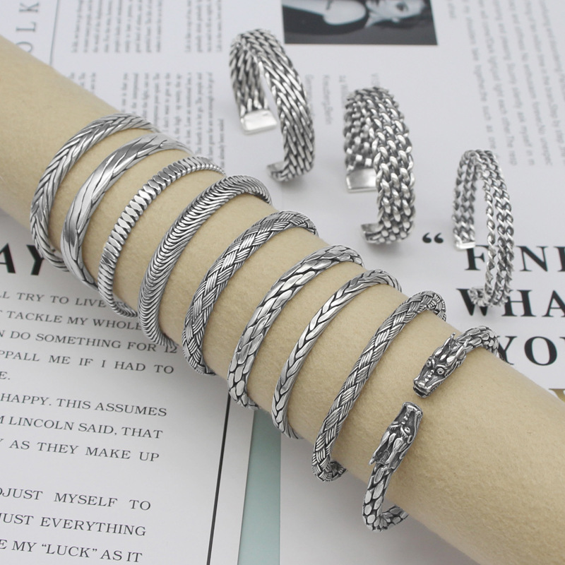 银势S925纯银开口手镯 潮男女士款个性手环 泰银麻绳手工编制宽面|ms