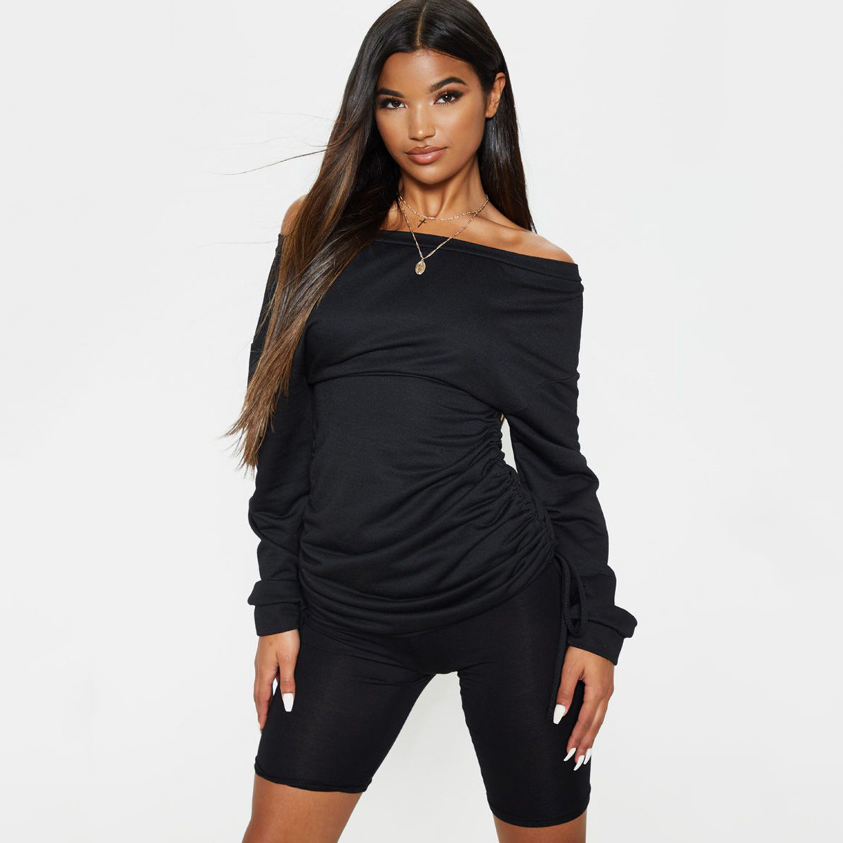 long-sleeved one-shoulder drawstring top  NSYBN44456