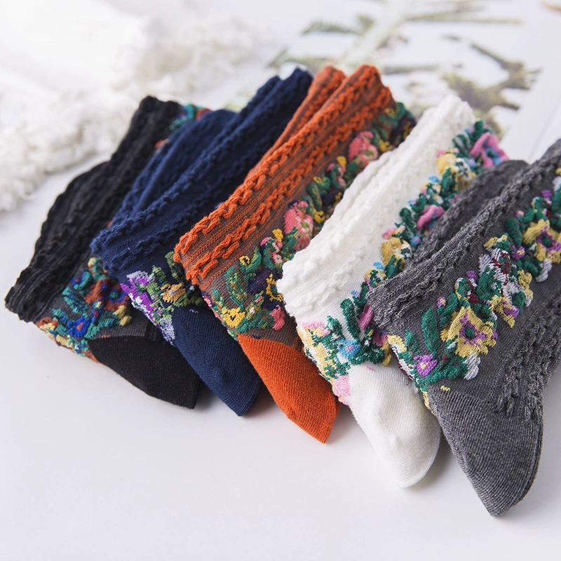 Деми-сезонные хлопковые ретро тонкие knee socks (колготки до колена) средней длины, с флористическим принтом