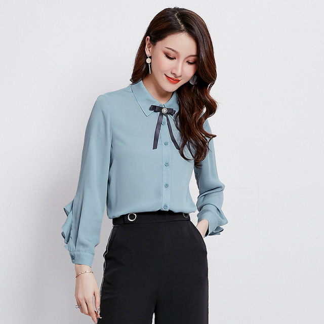 women’s shirt Lapel small crowd design nail pearl chiffon shirt 