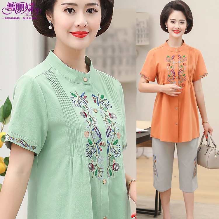 Middle and old age Women's wear Summer wear Large Mom outfit Two piece set leisure time Easy Short sleeved Embroidery Cotton shirts suit