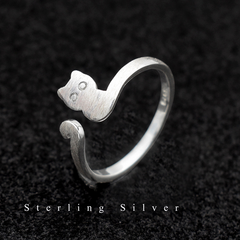 S925 Sterling Silver Brushed Cat Ring Korean Version Temperament Simple Female Kitten Ring Fashion Silver Ring Jewelry