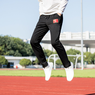 新款男式韩版修身裤 男士刺绣国旗卫衣裤长裤薄款 户外运动训练裤