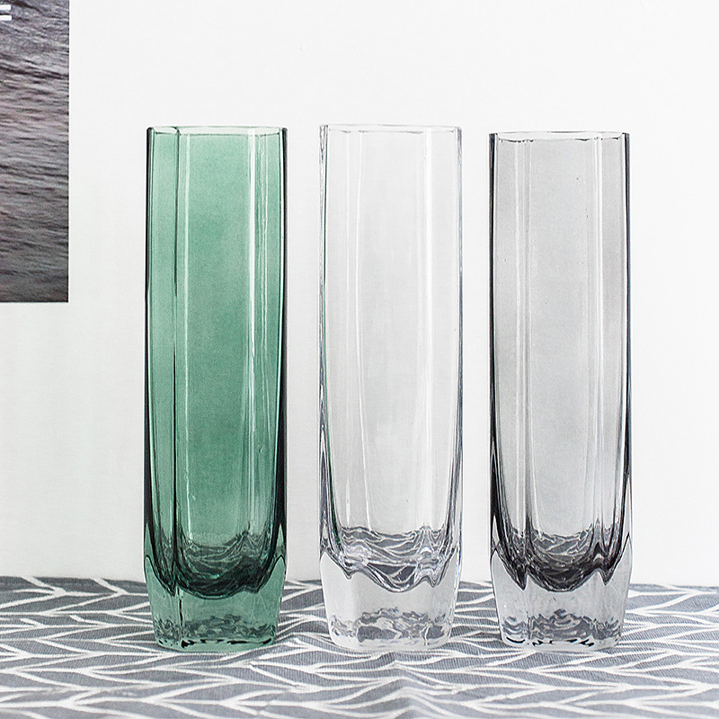 简约欧式ins风玻璃透明方形花瓶 富贵竹百合仿真客厅餐桌插花摆件|ru