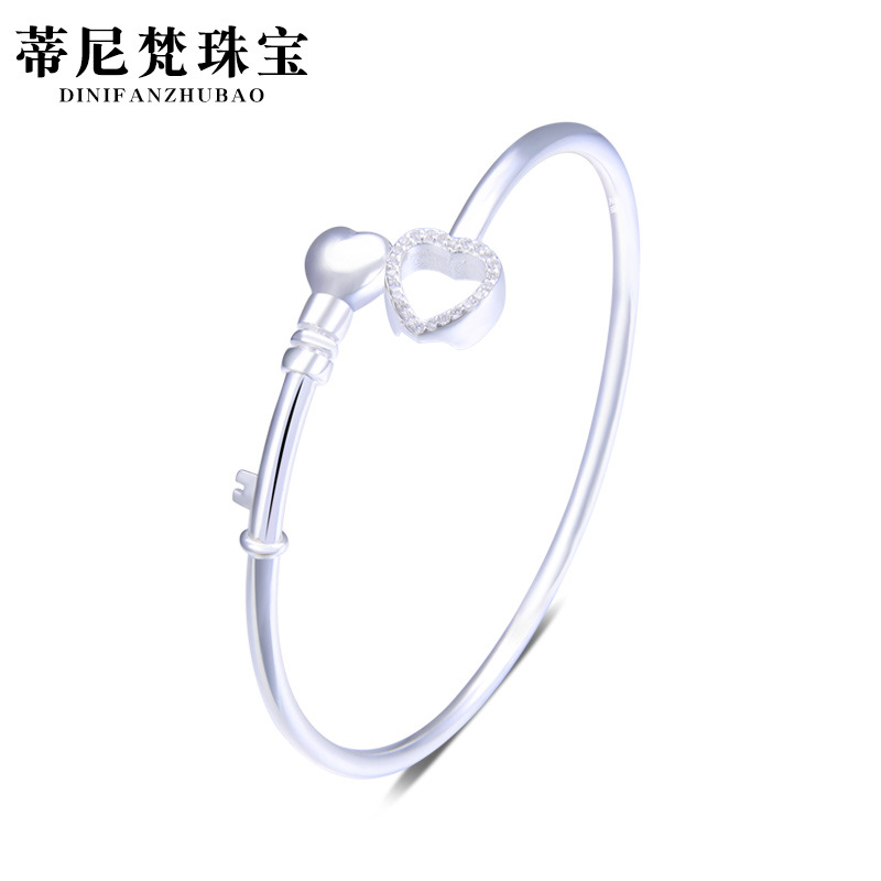 Estilo étnico clave en forma de corazón S990 pulsera ajustable de plata pura de las mujeres simple moda encantadora joyería pulsera de plata esterlina