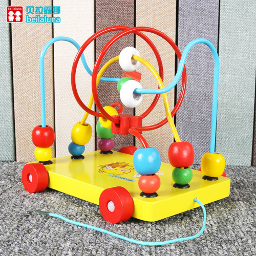 Infants and young children wooden beaded tractor pull rope multi-color cartoon toys for toddlers 2-3-4 years old wholesale