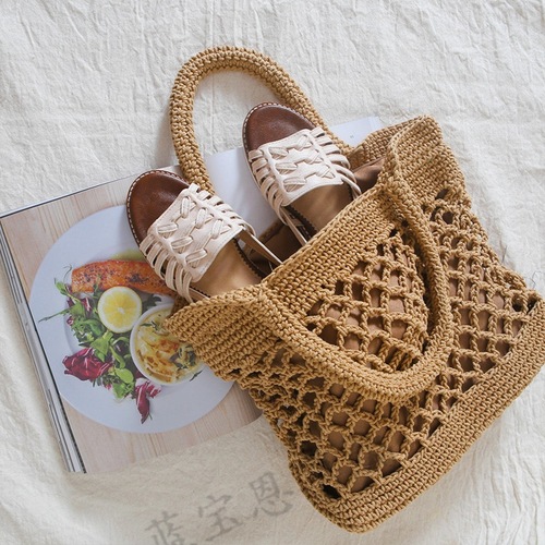 New straw woven bag beach bag portable solid color cotton hand crochet bag trendy female forest style literary style seaside vacation