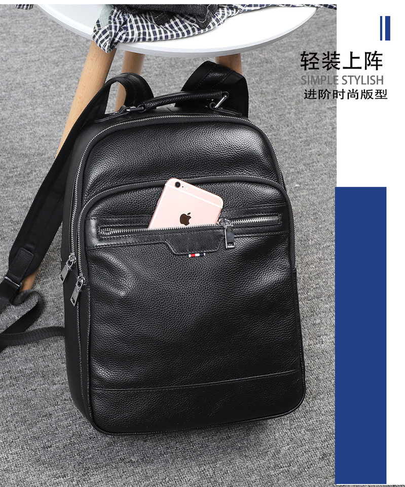 Ba lô nam da bò lớp đầu tiên, ba lô da đựng laptop 14 inch kiểu công sở — Màu đen chi tiết 2