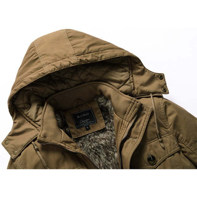 Men’s hooded and plush mid length wash coat casual jacket in autumn and winter