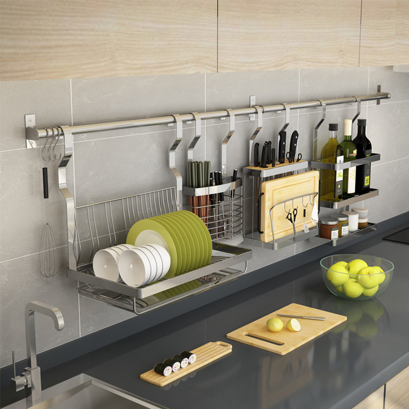 厨房置物架 免打孔不锈钢创意壁挂厨房用品墙上收纳架沥水碗架