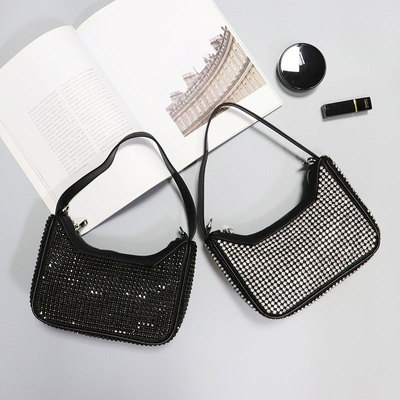 明星同款2019新款水钻包真皮女包法棍腋下包中古镶钻单肩手提包