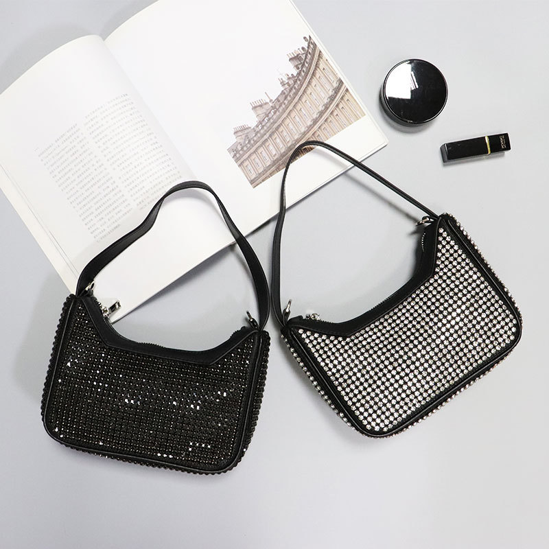 明星同款2019新款水钻包真皮女包法棍腋下包中古镶钻单肩手提包