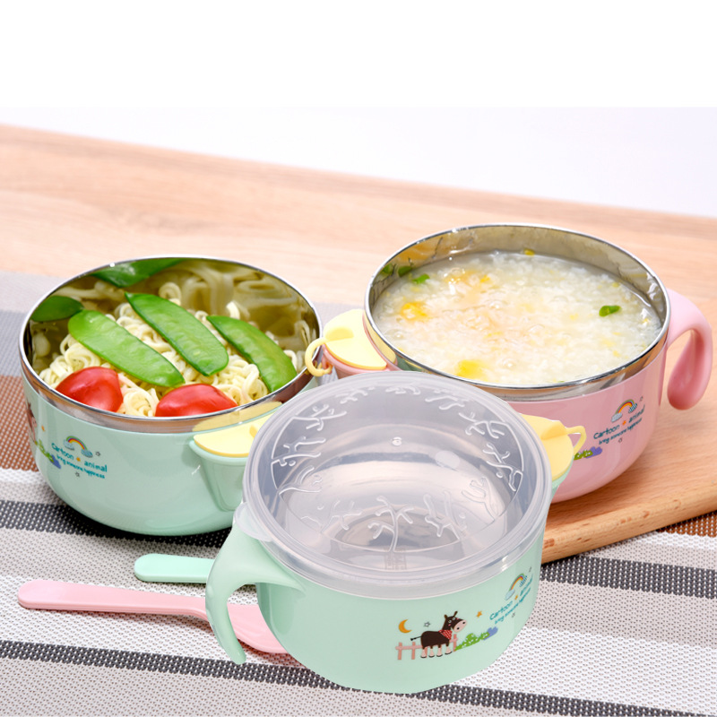 新款兒童餐具注水保溫碗嬰兒輔食碗不鏽鋼帶蓋防摔防燙兒童小碗