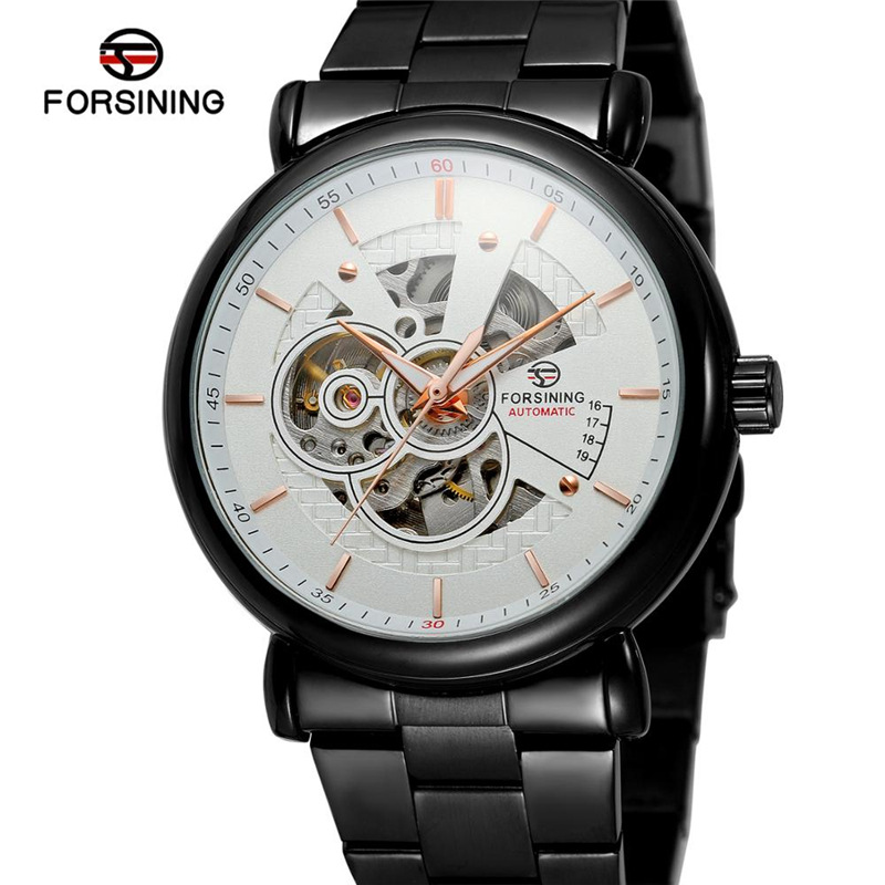Forsining Fusini cinturón de acero casual reloj mecánico automático transparente hueco impermeable reloj 726