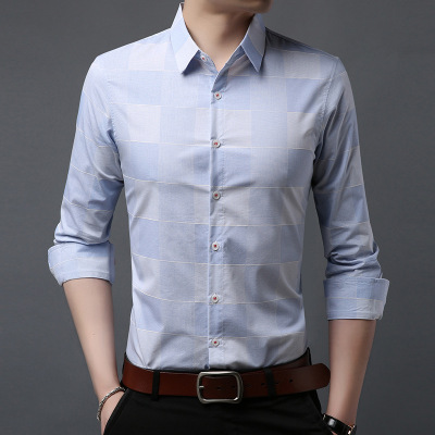 2019新款春季男士翻领长袖衬衫休闲男式修身格子衬衣男装厂家直销