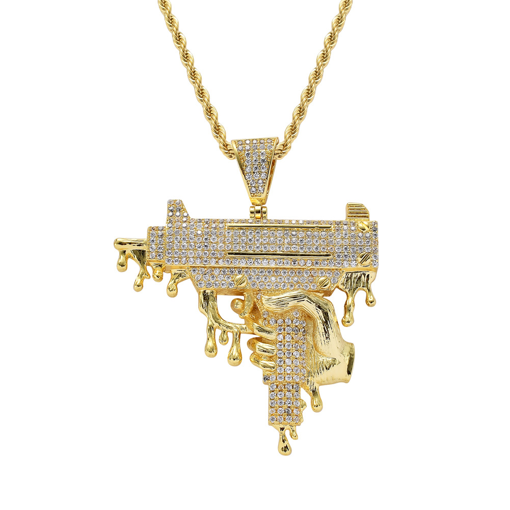  Hip Hop Jewelry UZI Hand Gun Pendant Hip Hop Domineering Rap Copper Full Zirconium Men's Necklace
