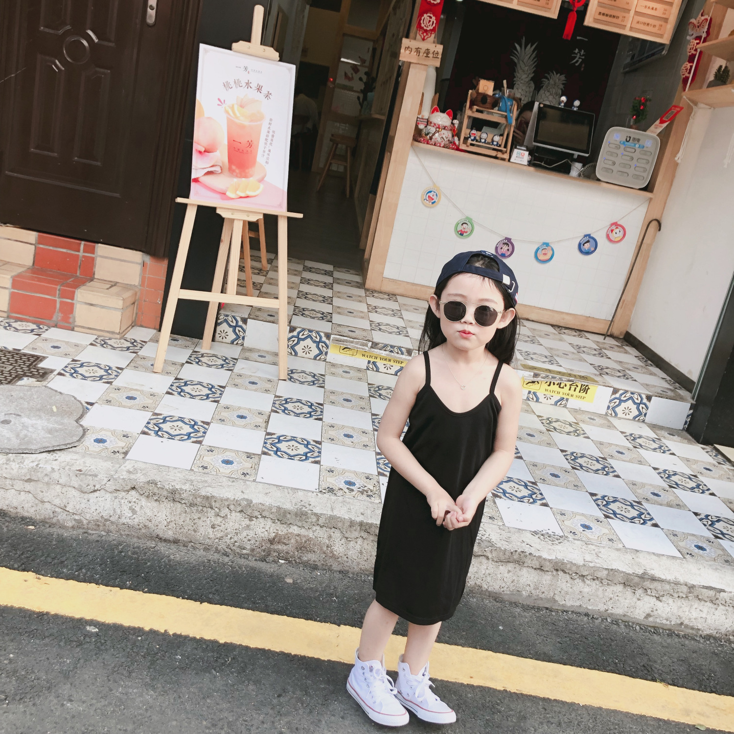 女童吊带连衣裙2019夏季新款童装韩版洋气黑色T恤女宝宝百搭裙子|ms