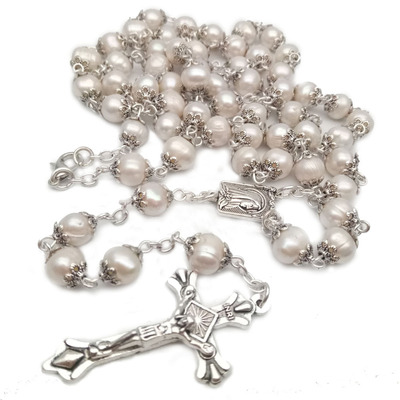 Natural Freshwater Pearl Rosary Necklace for women Cross christ catholic praying ornament