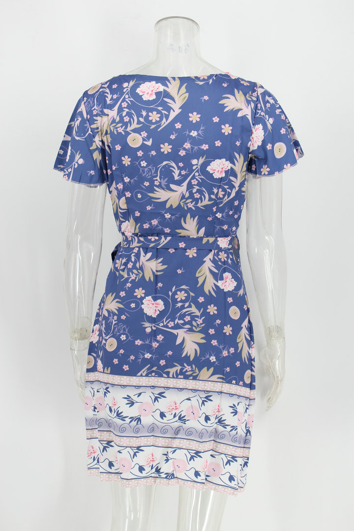 V-neck short sleeve lace-up flower printing dress NSJRM125256