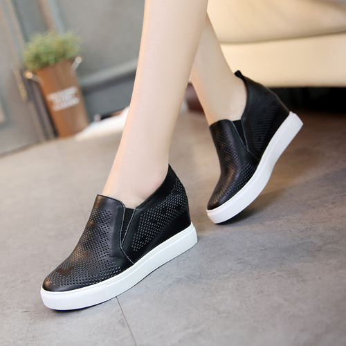 Inner height-increasing white shoes for women 2024 new hollow loafers wedge single shoes thick sole casual lazy shoes genuine leather