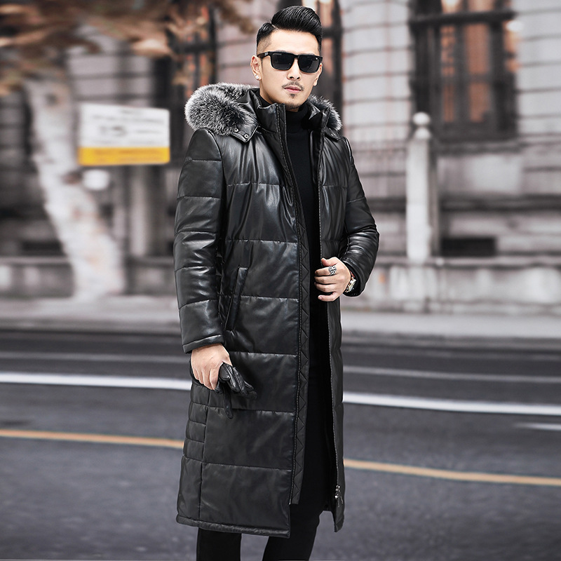 Ultra-long knee-length leather down jacket men's sheep leather hooded leather trench coat fur collar thickened leather coat winter trendy Ultra-long knee-length leather down jacket men's sheep leather hooded leather trench coat fur collar thickened leather coat winter trendy