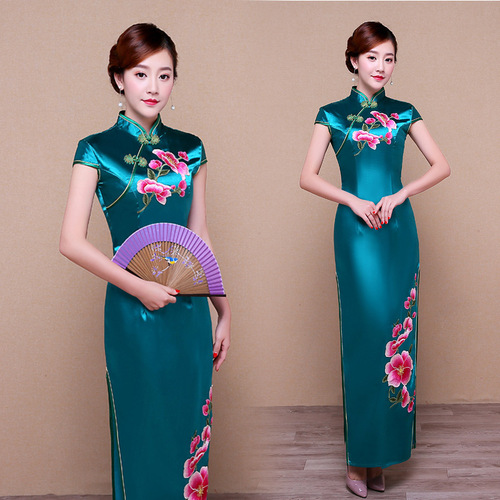 Long runway peacock blue red cheongsam chinese dress qipao cheongsam dress for women girls banquet party ancient folk costumes etiquette waiter qipao dress