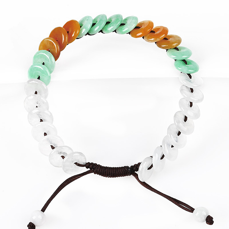 天然缅甸翡翠A货冰种春带彩三彩平安扣手链女款手串送证书批发