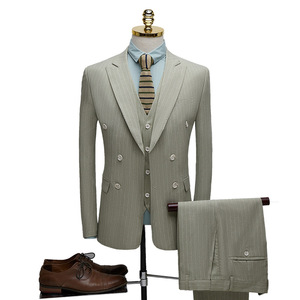 Men’s suit fruit green stripe suit business leisure three piece suit