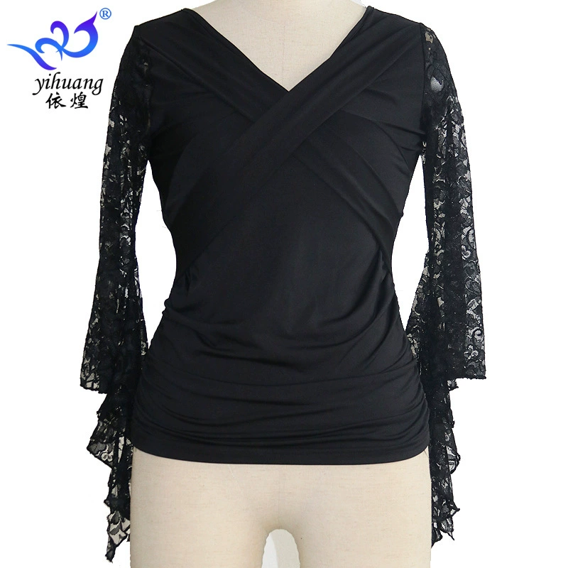 Топ для латинских танцев Труба с длинными рукавами Одежда для занятий бальных танцев Топ для выступлений Кружевной Топ