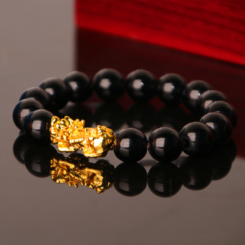 2019新品镀金貔貅手链黑曜石手串3D镀金男女时尚手链工厂批发直销