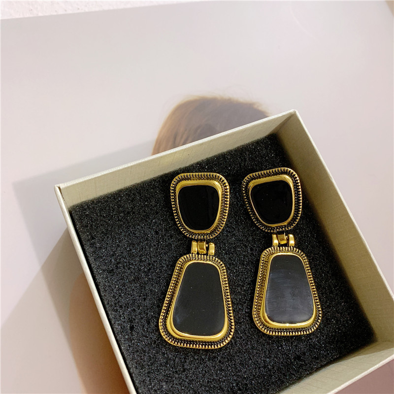 Aretes Vintage De Aceite De Goteo Geométrico Negro Pendientes Franceses De Plata 925 Con Pasador De Plata Para Mujer display picture 6