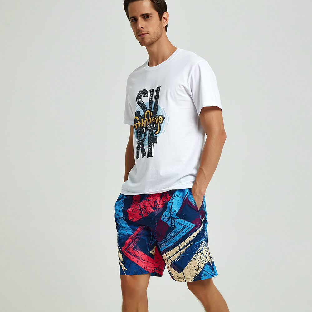 hotmango沙滩裤男五分款大码泳裤游泳运动休闲情侣红蓝涂鸦短裤男