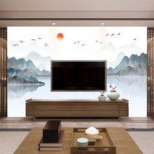 新中式水墨画风景画大气招财办公室山水靠山客厅沙发风水壁画壁纸