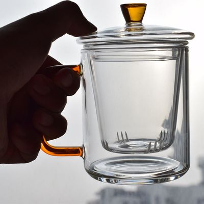 厂家直销耐热玻璃花茶杯加厚350ML三件式泡茶杯透明带盖过滤定制