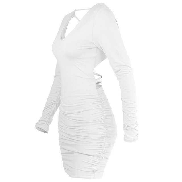 Sexy V-Neck long sleeve open back bandage hip fold dress