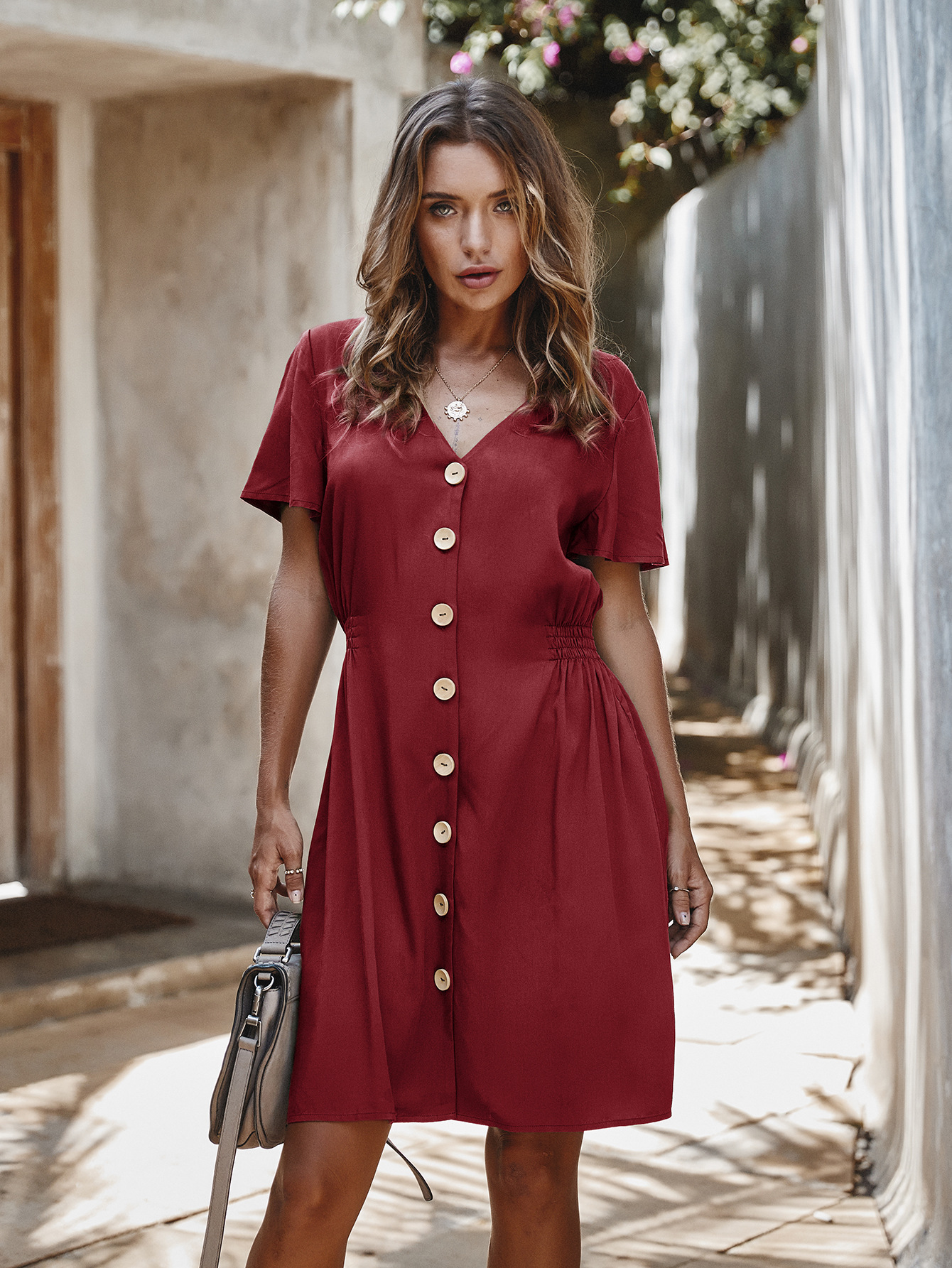 Buttoned solid color dress NSDY29161