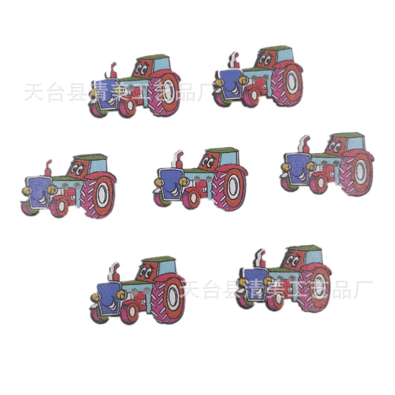 Tractor de dibujos animados pintado sobre fondo blanco, vehículo, botón de tractor de dibujos animados de madera, 50 piezas por paquete