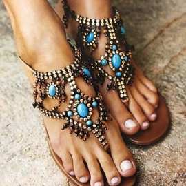 2019外贸新款串珠夹趾平底女士大码凉鞋34-43