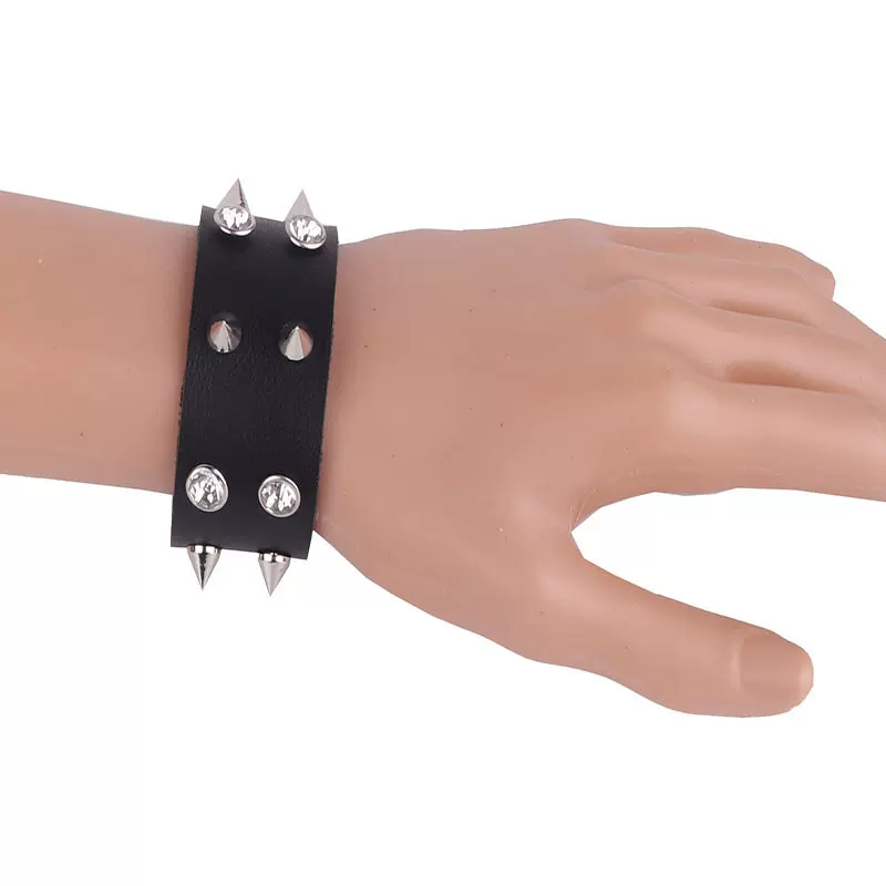 韩版时尚学生手环手链个性双排尖铆钉水钻皮革超宽手带手镯