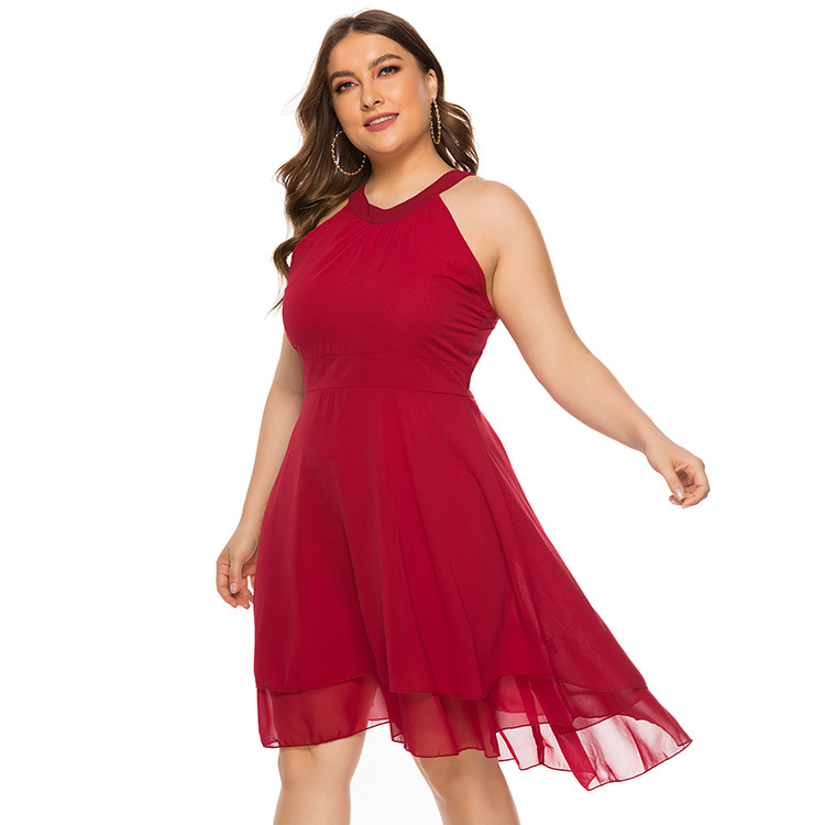 胖mm外貿歐美大碼女裝連衣裙 跨境亞馬遜爆款挂脖無袖雪紡禮服裙